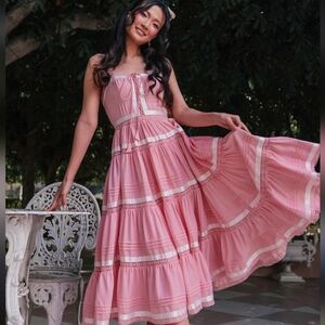 Cottagecore JessaKaeTiered Pink Midi Delores Dress Lace & Ribbon Details XS